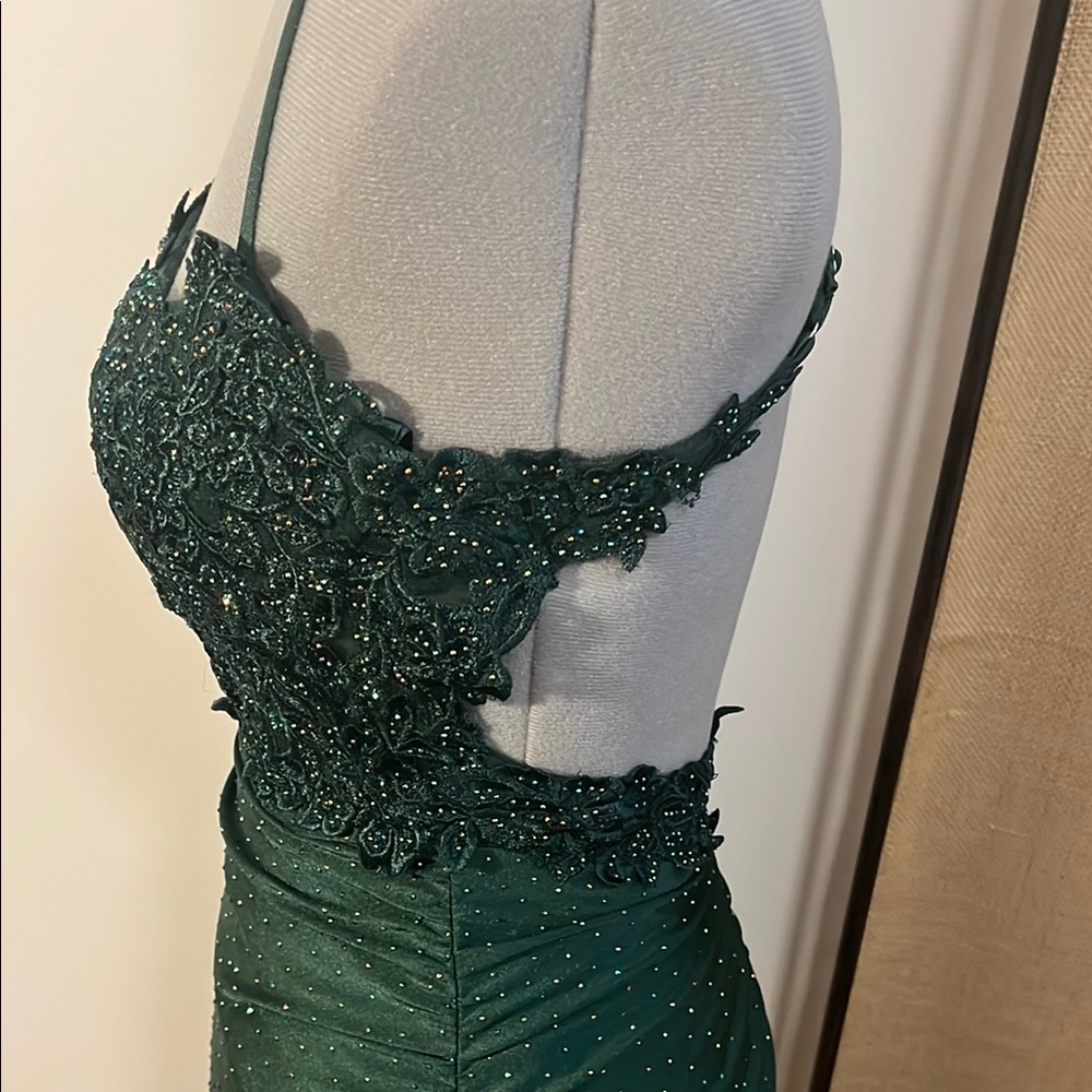 Green Embellished Spaghetti Strap Prom Gown - Picture 3 of 14